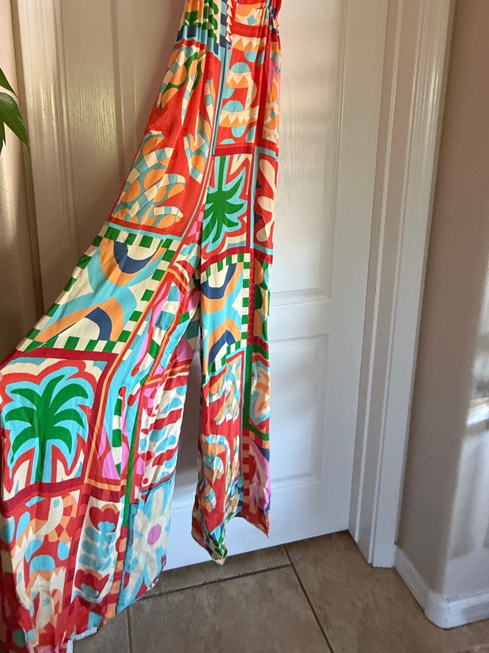FARM Rio Anthropologie Beaded Strap Wide Leg Tropical Halter Jumpsuit Large - Picture 9 of 16